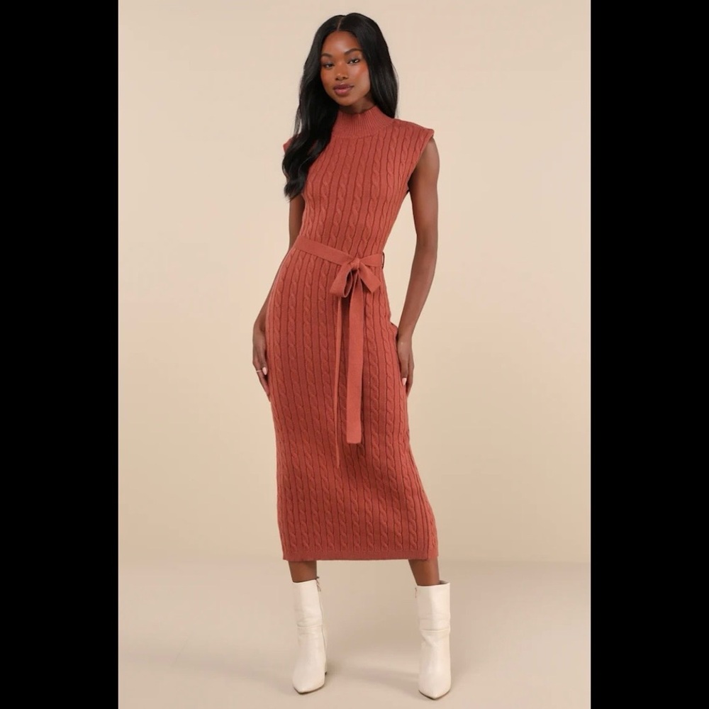 NWT LULUS Seasonal Grace Rust Orange Cable Knit Mock Neck Midi Dress